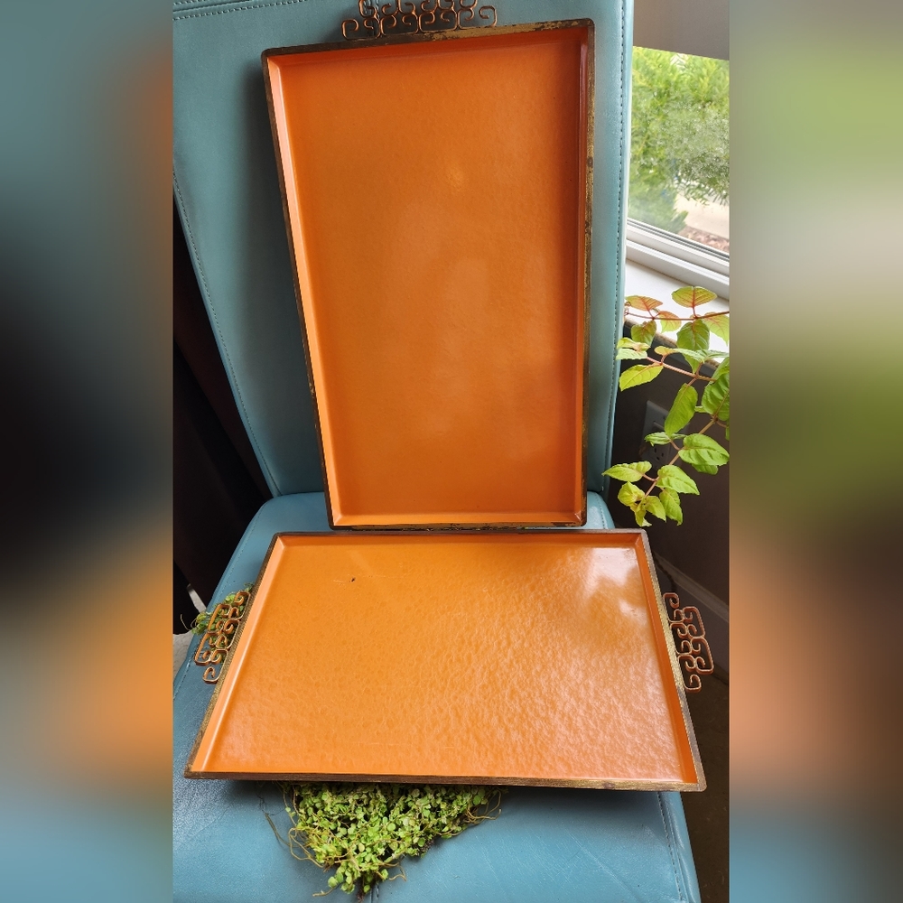 2 Vtg MOIRE WARE Orange Brass Scallop Enamel Metal Hollywood Regency MCM Trays